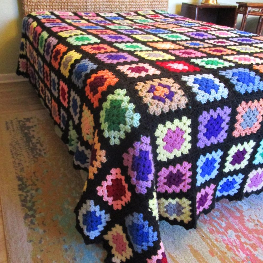 Huge Granny Squares Hand Crochet Afghan Bedspread Blanket Wool